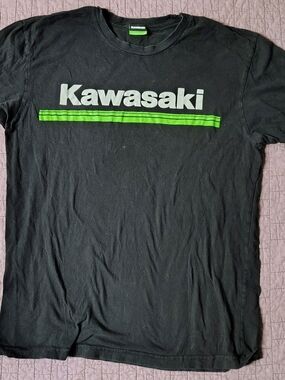 ​Kawasaki Motors Graphic T Shirt Mens Medium Black Lime Green Stripe Logo